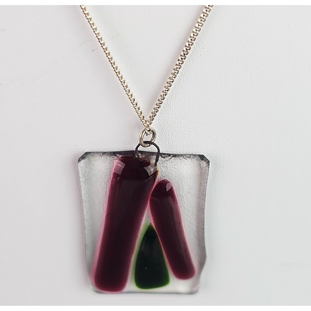 Fused Glass Pendant Necklace Clear Base Red Green Abstract Marks Silver Tone
